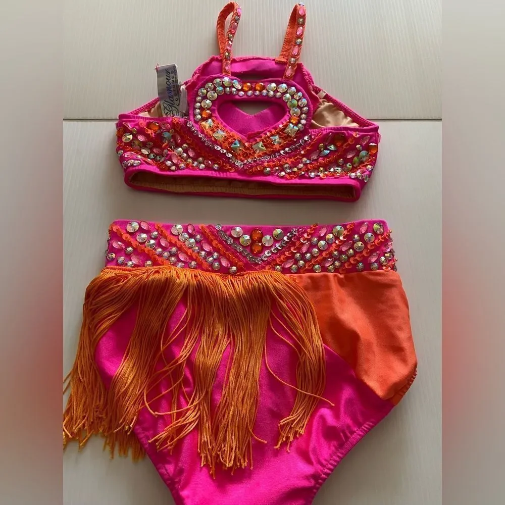 Glamour dance solo costume neon orange fringe rhinestone 2 piece LC-large child